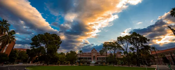 Old Main at sunset on the University of Arizona campus mall.