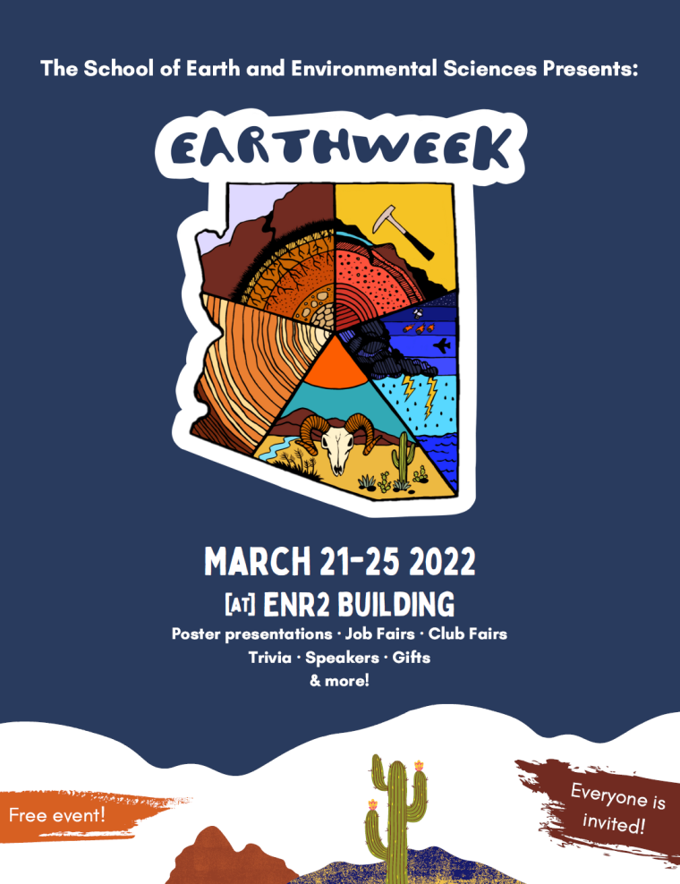 Flyer for EarthWeek 2022 reads: The School of Earth and Environmental Sciences Presents: EarthWeek March 21-25 2022 at ENR2 building. Poster presentations, job fairs, club fairs, trivia, speakers, gifts, and more! Free event, Everyone is invited!
